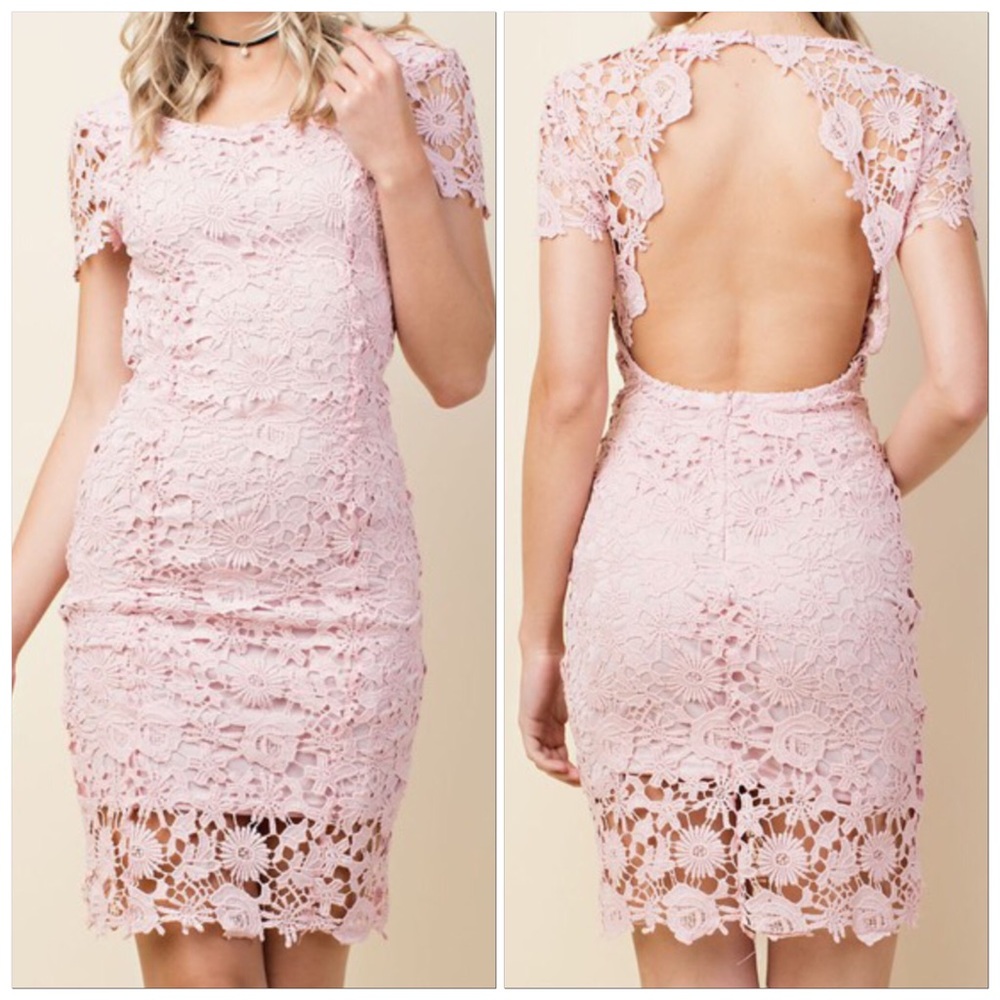 🆕Bubble Gum Pink, Baby Pink or Baby Blue Open Back Short Sleeve Lace Midi Dress